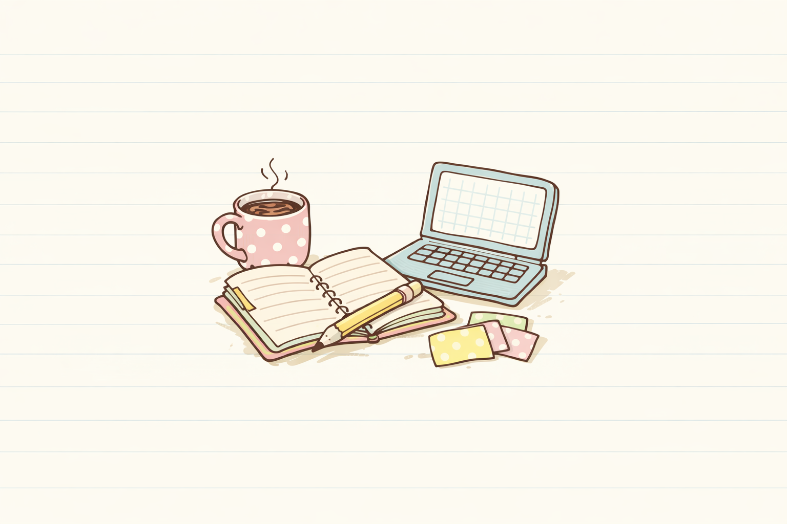 Study elements like notebooks, pencils, and a computer